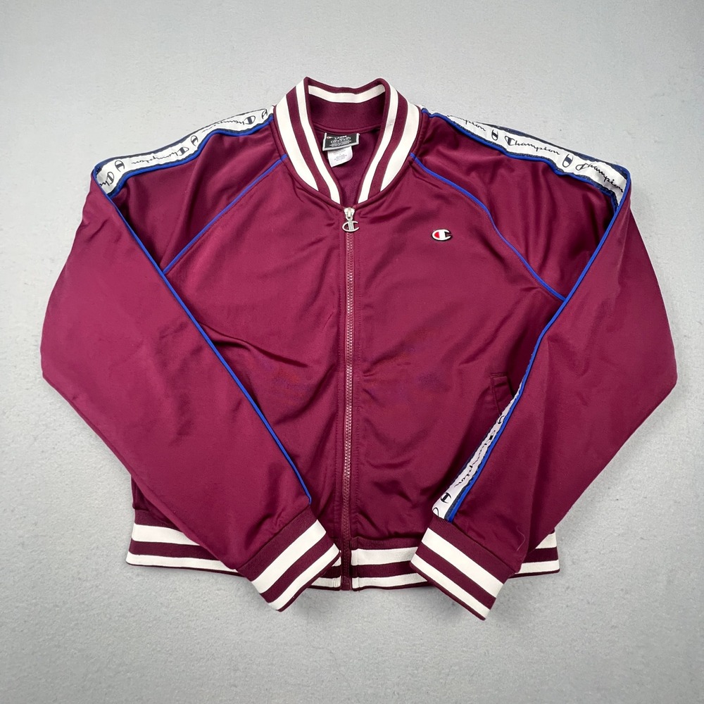 Champion Track Jacket Womens Large Maroon Logo Tape Full Zip Athletic Sporty